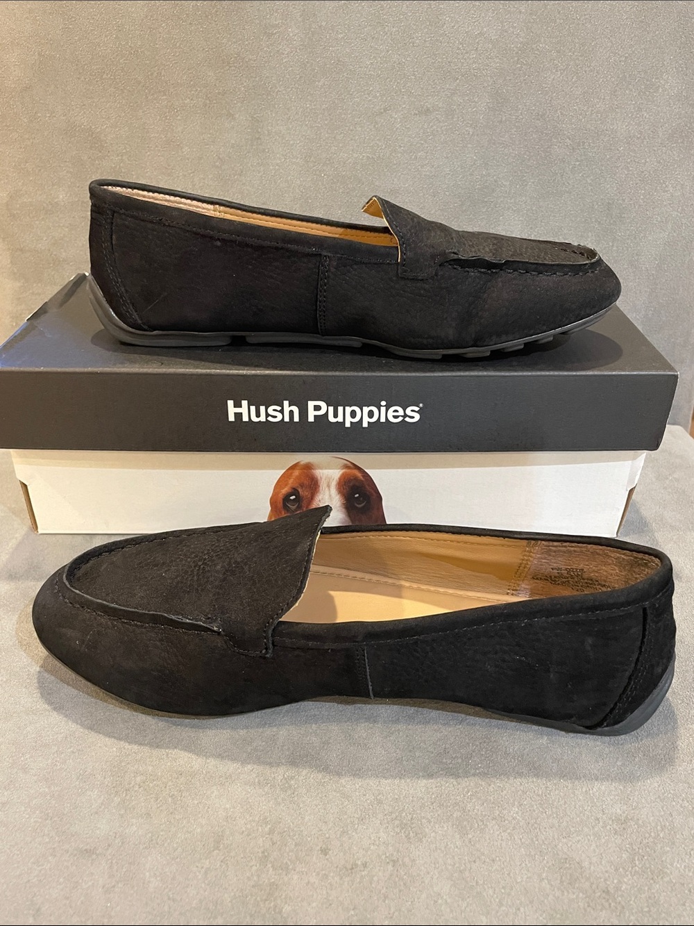 Hush Puppies 6.5 Wide Black Nubuck Suede Driving Loafers Ozzie Comfort Insole